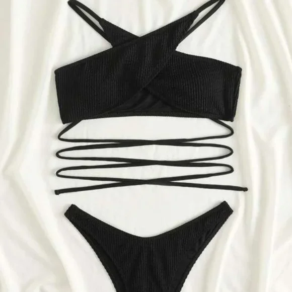 BOHO Criss Cross Halter style ribbed Bikini 2 piece Swimsuit BLACK - Picture 3 of 5